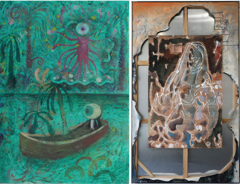 Left: You need a complete makeover, 2019; 115 x 196 cm; Fabric acrylic, playwood acrilic, natural sealant, aluminium plate. Right: Love Swamp, 2025; 50 x 35 cm; Oil and mixed media on paper.