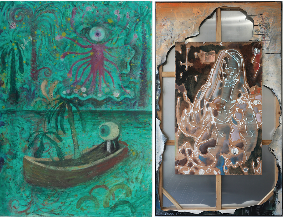 Left: You need a complete makeover, 2019; 115 x 196 cm; Fabric acrylic, playwood acrilic, natural sealant, aluminium plate. Right: Love Swamp, 2025; 50 x 35 cm; Oil and mixed media on paper.